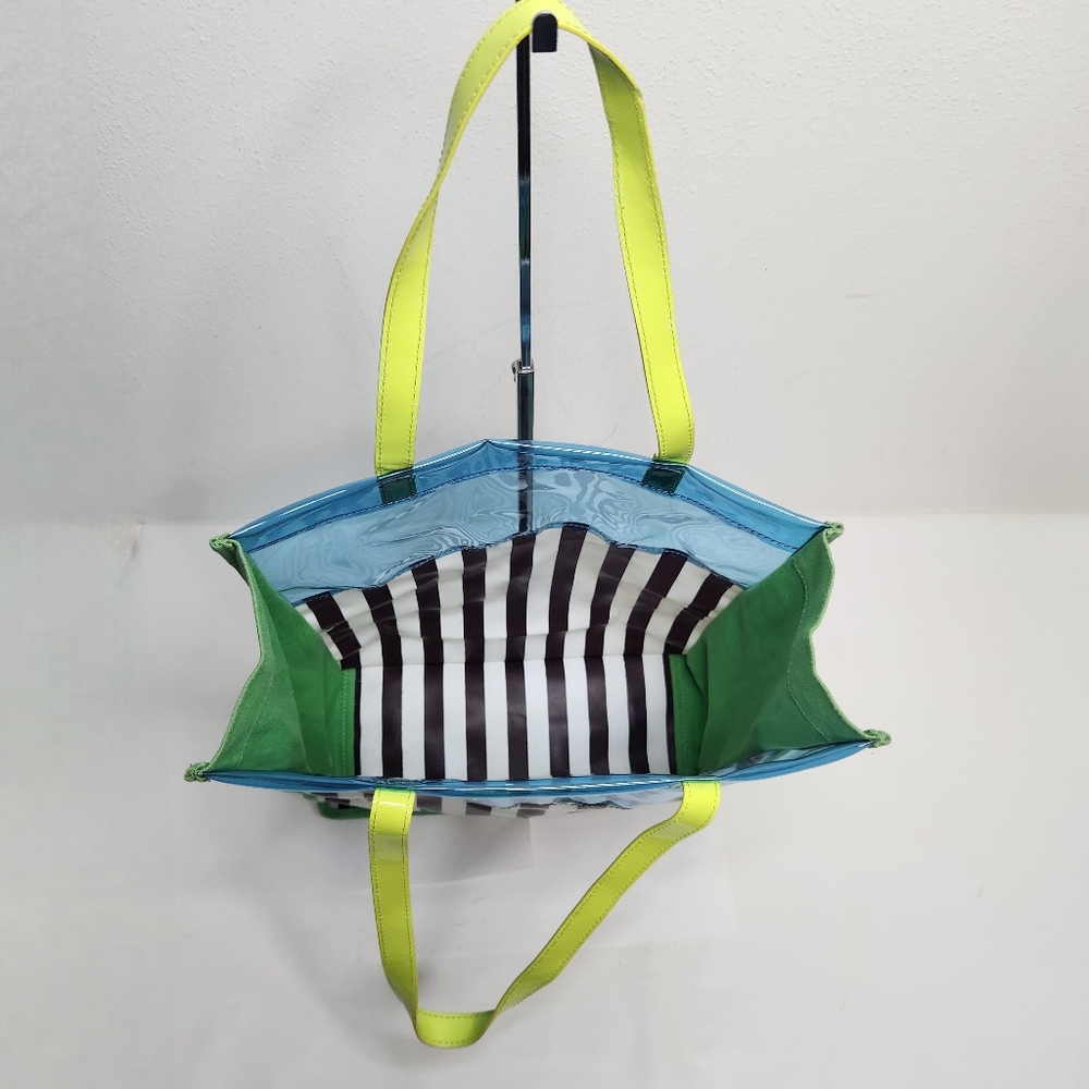 Henri Bendel Tote Bag PVC Canvas Blue Brown White Stripe Green Trim - Picture 9 of 10